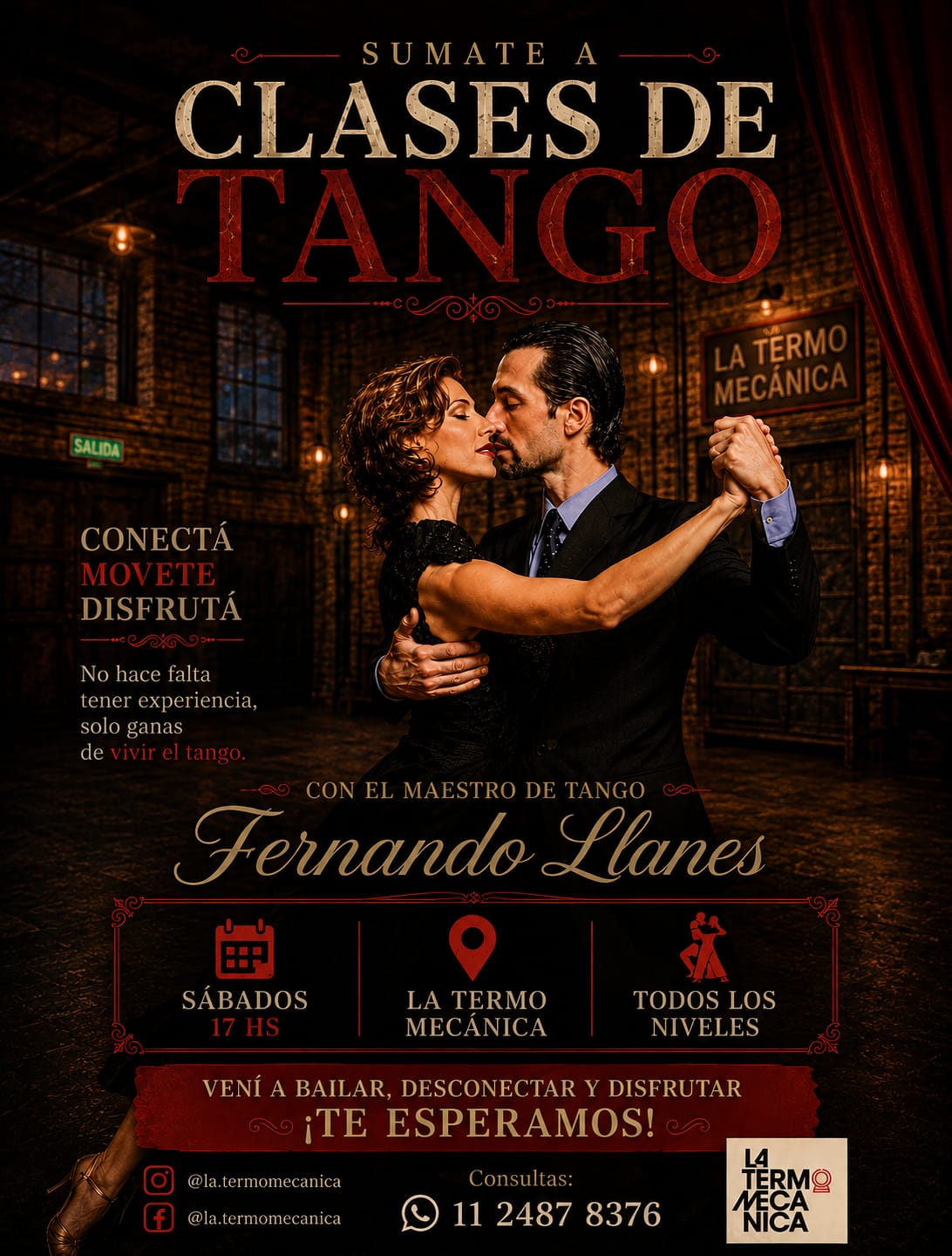 Clases con Fernando Llanes, todos los martes de 19 a 20.30hs y los sábados de 17 a 18.30 hs. Vengas con años de milonga encima o no hayas dado un paso en tu vida — acá entran todos.